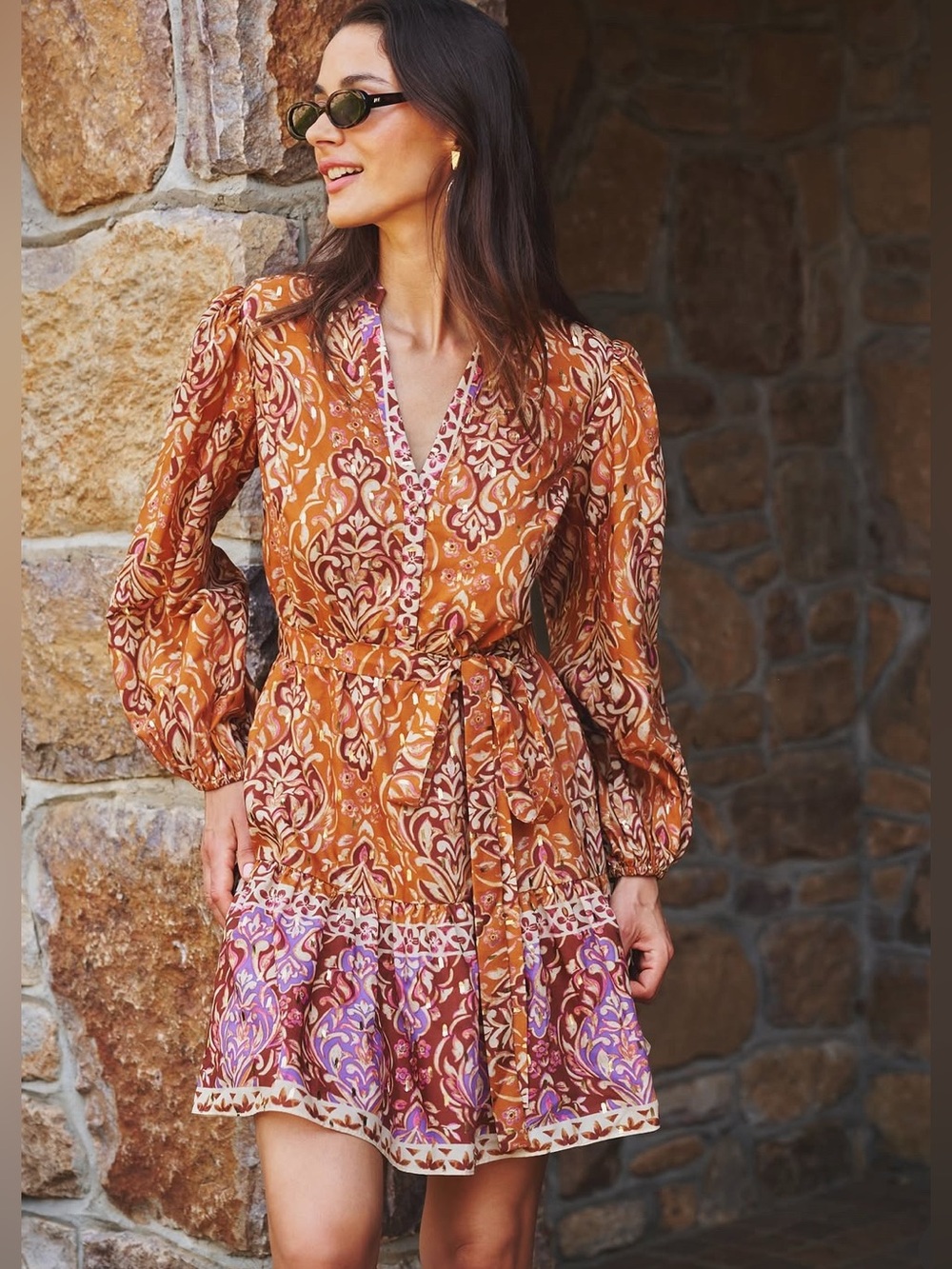 Adrianna Papell NWT Paisley Print Dress Brown Purple Gold Shimmer Bishop size 6